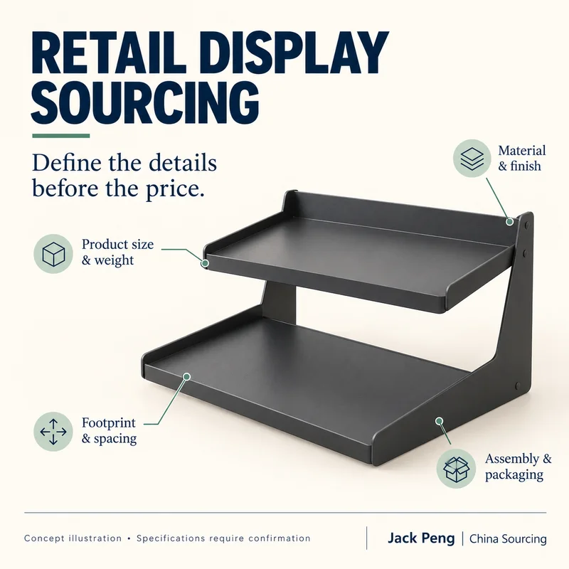 AI-generated concept of an empty two-tier countertop display, illustrating size, material and packing questions